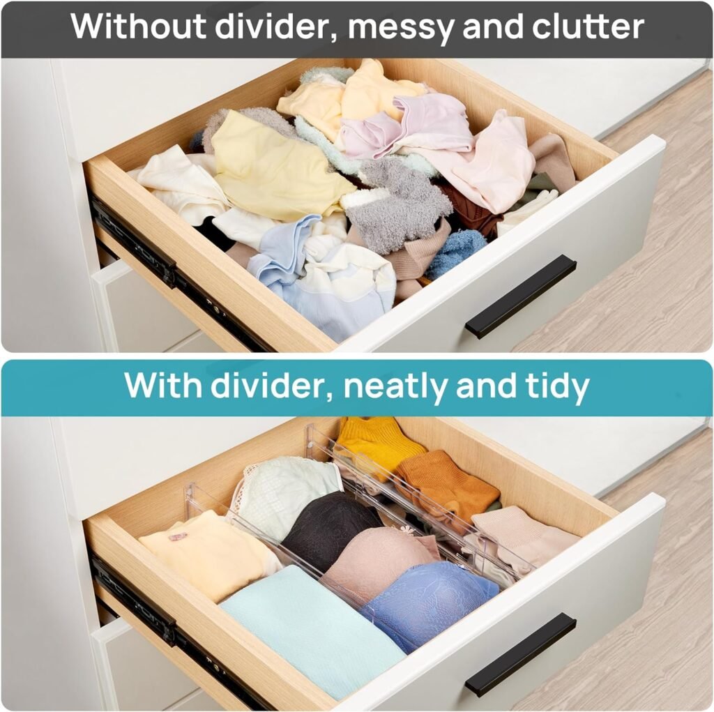 Vtopmart Drawer Dividers Organizers 8 Pack, Adjustable 3.2 High Expandable from 12.2-21.4 Kitchen Drawer Organizer, Clear Plastic Drawers Separators for Clothing, Installed by Double-sided Tape