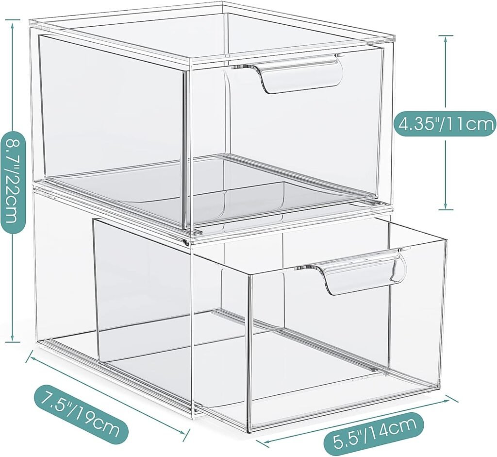2 Pack Stackable Makeup Organizer and Storage, Acrylic Organizers，Clear Plastic Storage Drawer with Handles for Vanity, Undersink, Kitchen Cabinets, Pantry