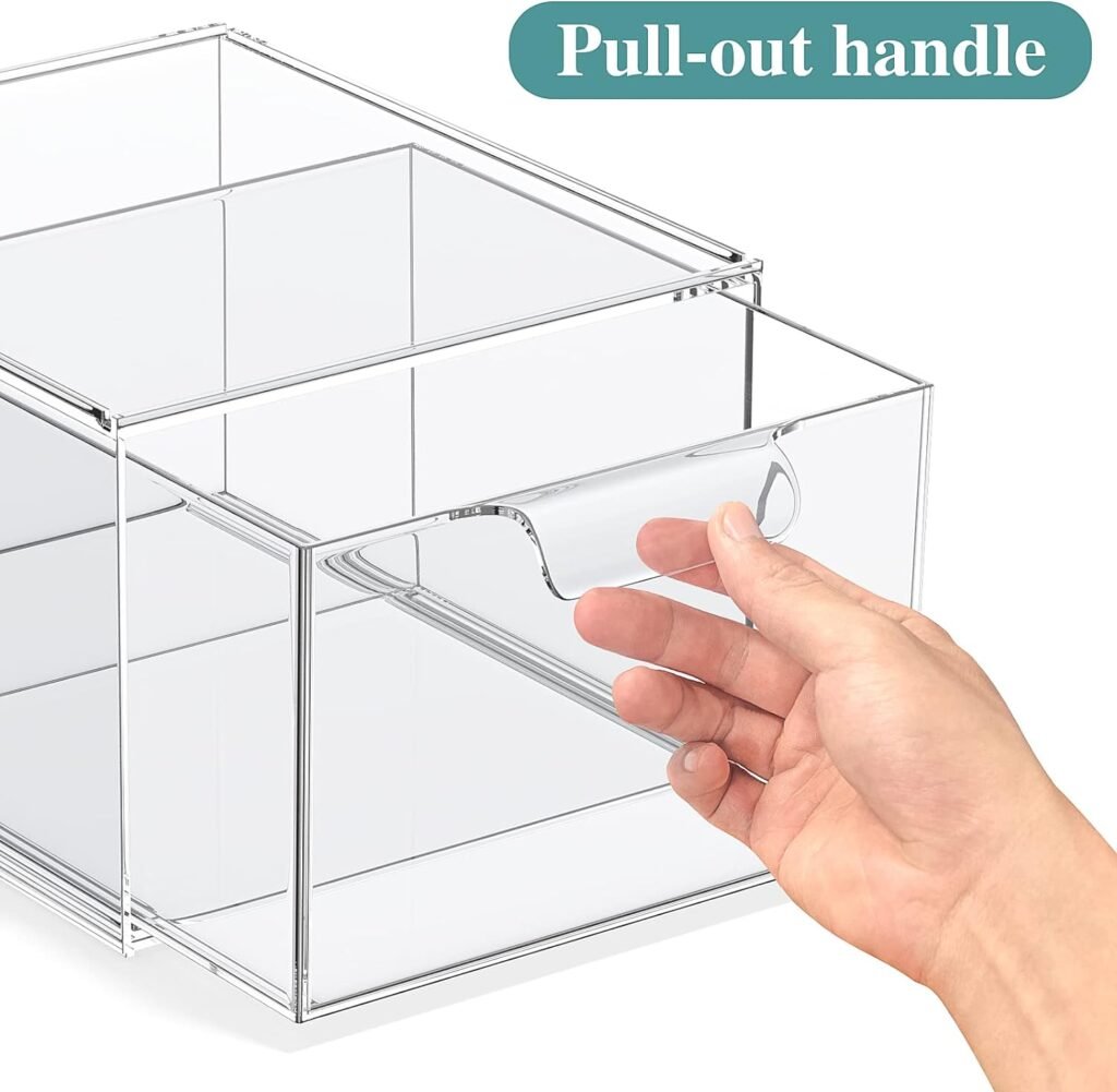 2 Pack Stackable Makeup Organizer and Storage, Acrylic Organizers，Clear Plastic Storage Drawer with Handles for Vanity, Undersink, Kitchen Cabinets, Pantry