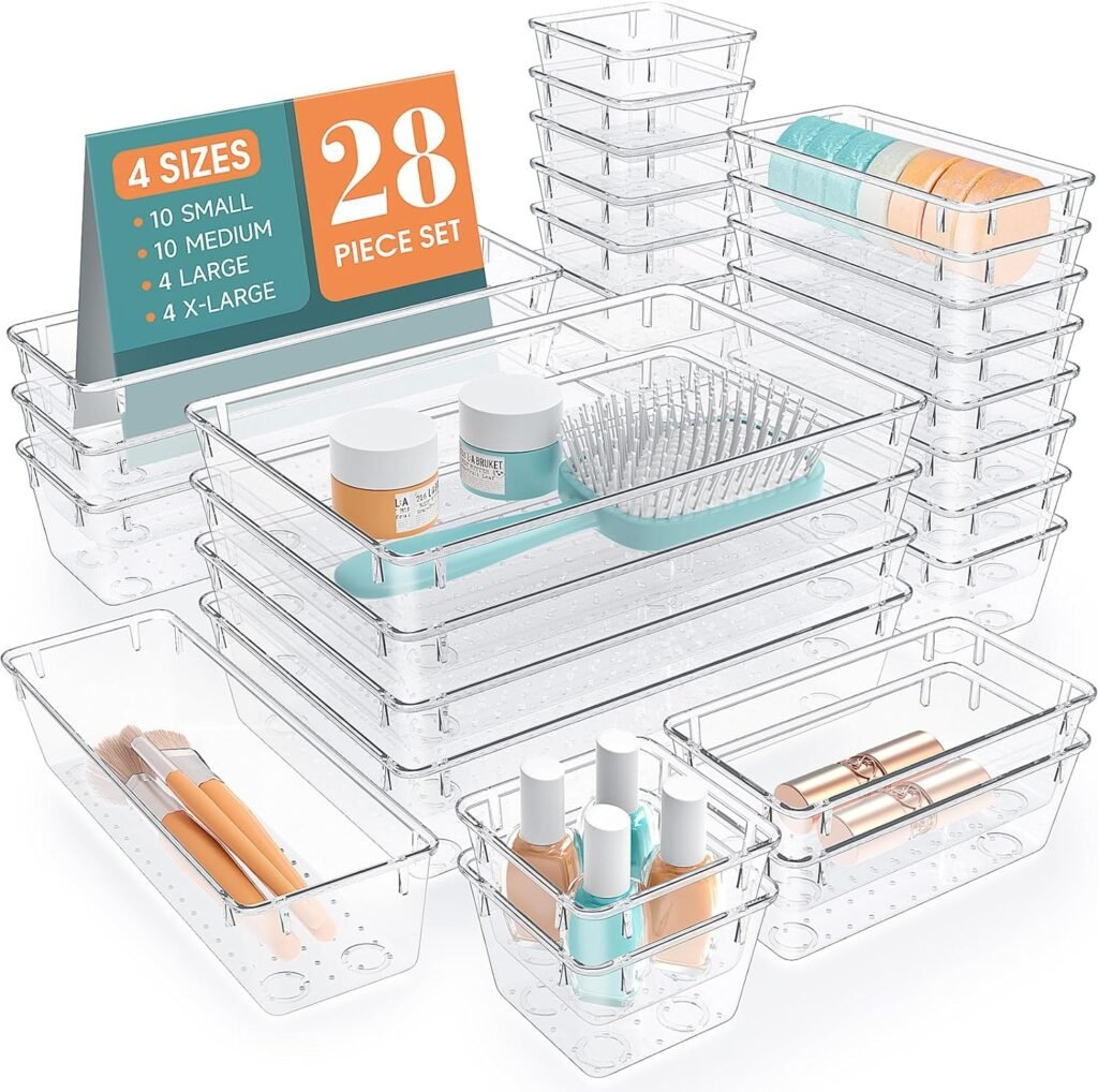 28 PCS Clear Plastic Drawer Organizers Set, 4 Size Desk Drawer Organizer Trays for Makeup, Jewelry, Kitchen Utensils, Gadgets and Office Accessories
