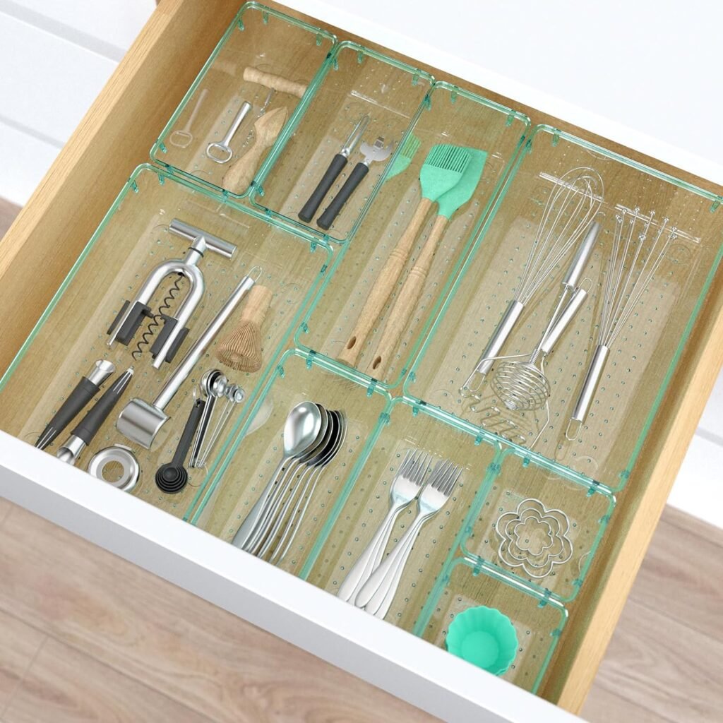 28 PCS Clear Plastic Drawer Organizers Set, 4 Size Desk Drawer Organizer Trays for Makeup, Jewelry, Kitchen Utensils, Gadgets and Office Accessories