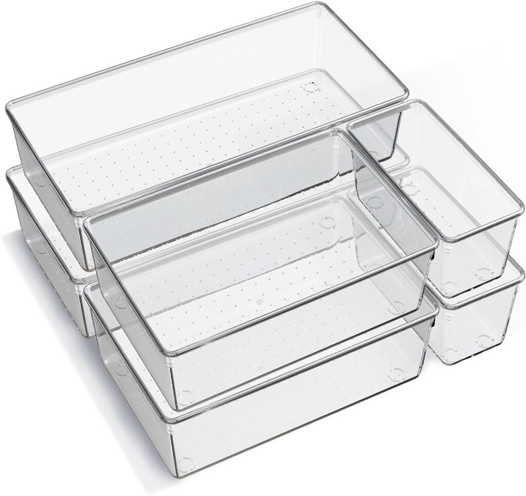 6 Pack Large Clear Plastic Drawer Organizer Trays, Acrylic Kitchen Drawer Organization and Storage Dividers, Non-Slip Storage Bins for Makeup, Kitchen Utensils, Bathroom, Jewelries and Office Desk