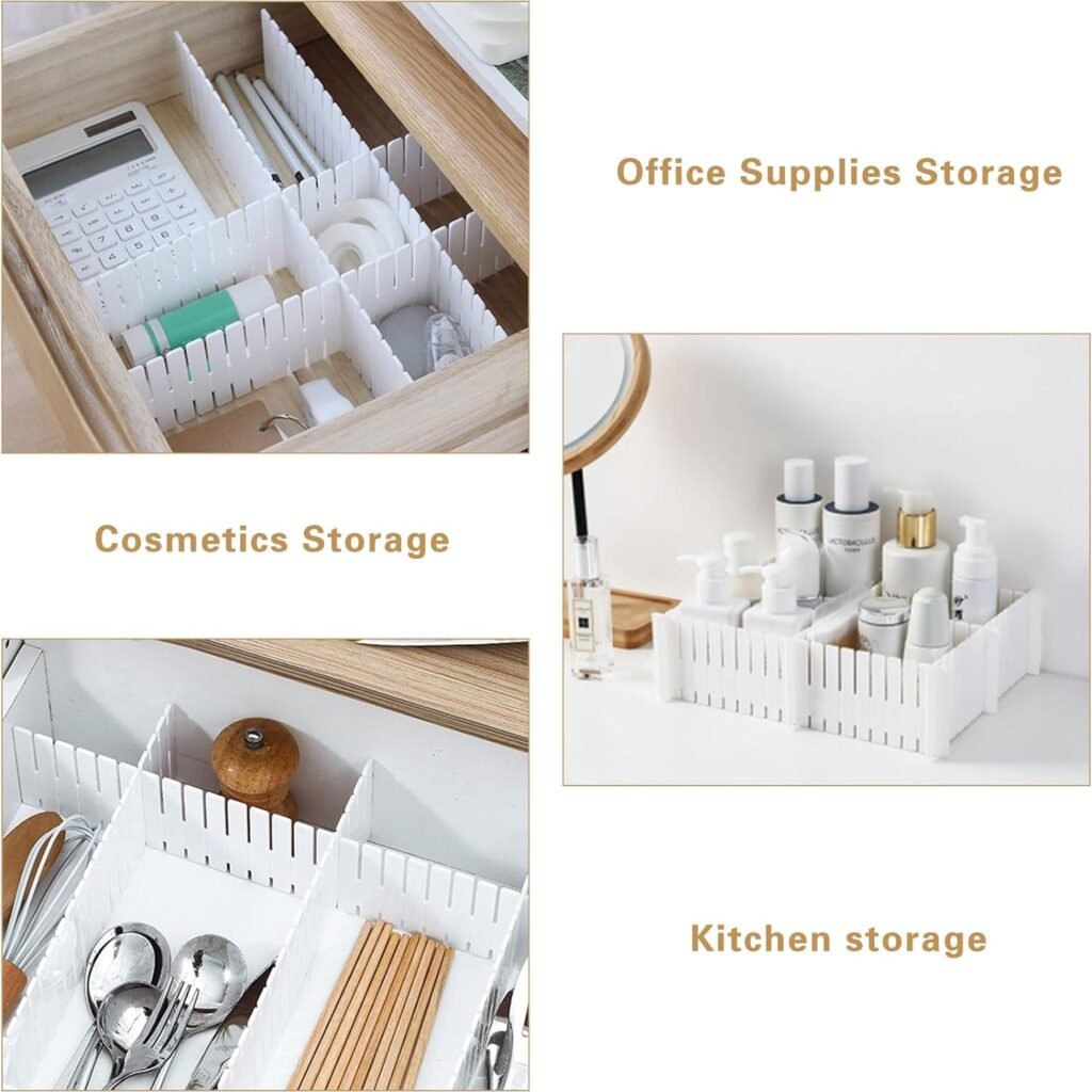 Drawer Divider Adjustable Diy Storage Organizer Separator for Tidying Clutter Cutlery Makeup Clothes of Dresses, Desk  Box in Kitchen Bathroom Bedroom Office (Cut at Will) (White 16pcs)