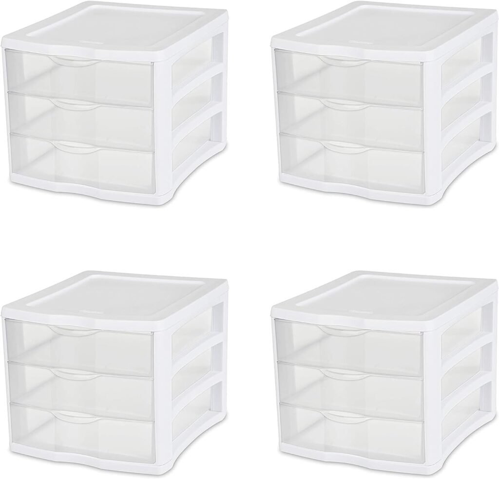 Sterilite 3 Drawer Desktop Storage Unit, Tabletop Organizer for Desk, Countertop at Home, Office, Bathroom, White with Clear Drawers, 4-Pack