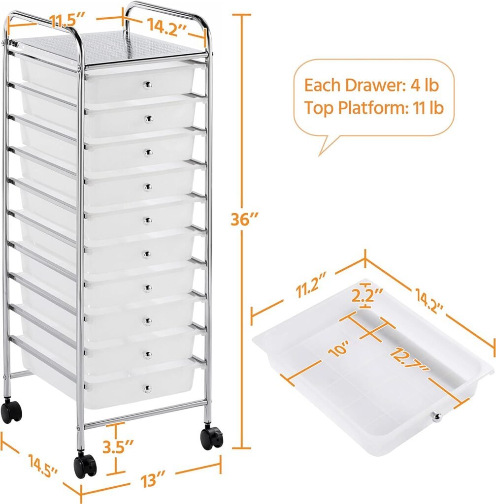 Yaheetech 10 Drawer Cart Rolling Plastic Storage Cart and Organizer Multipurpose Mobile Rolling Utility Storage Organizer for Home Office School and Workshop, White