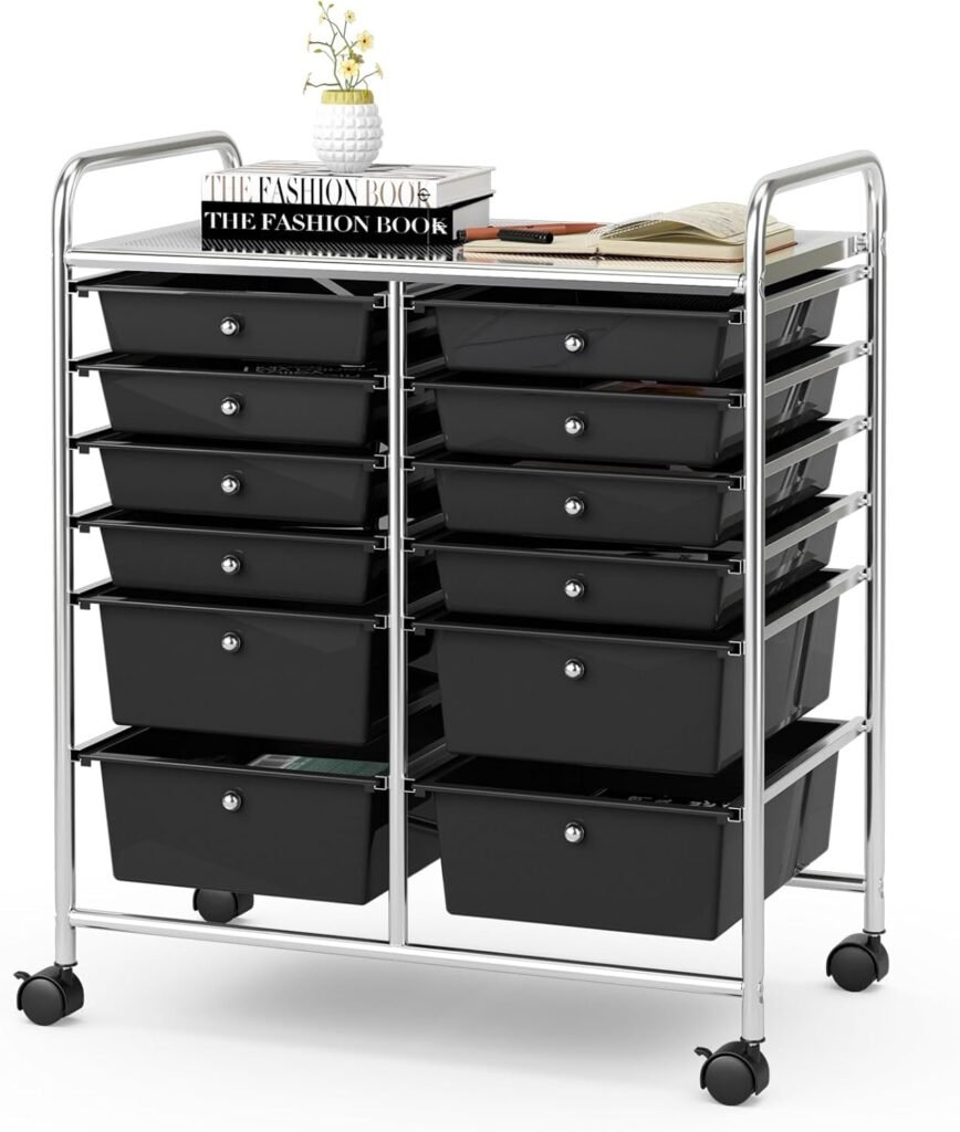 12-Drawer Rolling Storage Cart, Multipurpose Movable Organizer Cart, Utility Cart for Home, Office, School (Black)