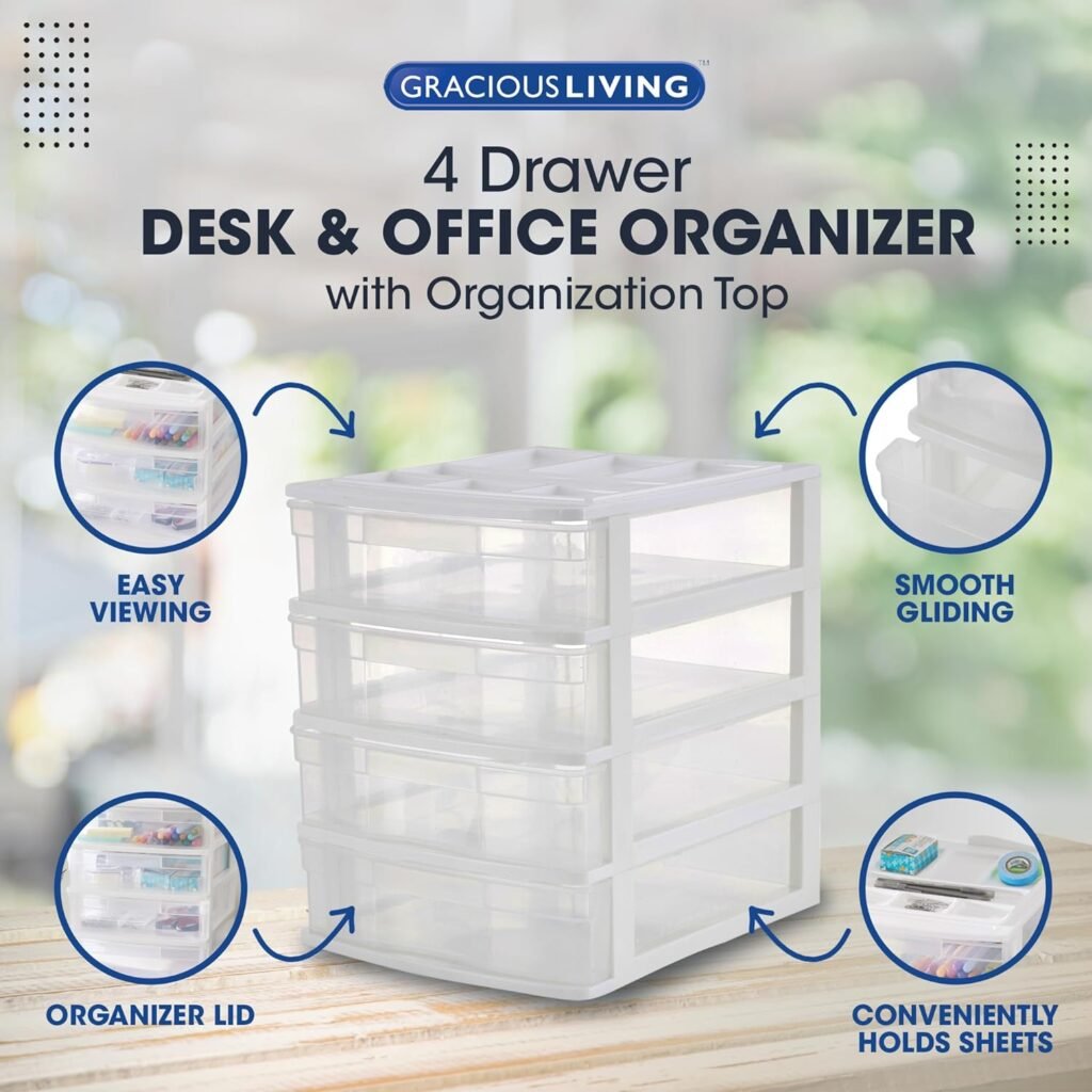 Gracious Living 4 Drawer Desktop  Countertop Organizer with Organization Lid for Craft Storage, Office Supplies and School Supplies, White/Clear