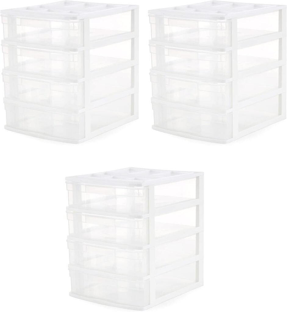 Gracious Living 4 Drawer Desktop  Countertop Organizer with Organization Lid for Craft Storage, Office Supplies and School Supplies, White/Clear