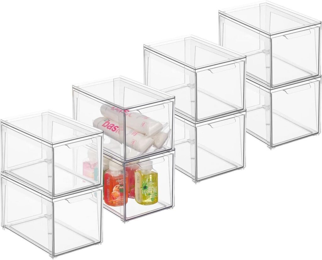 mDesign Plastic Stackable Bathroom Storage Organizer Bin with Pull Out Drawer for Cabinet, Vanity, Shelf, Cupboard, Cabinet, or Closet Organization - Lumiere Collection - 4 Pack - Clear