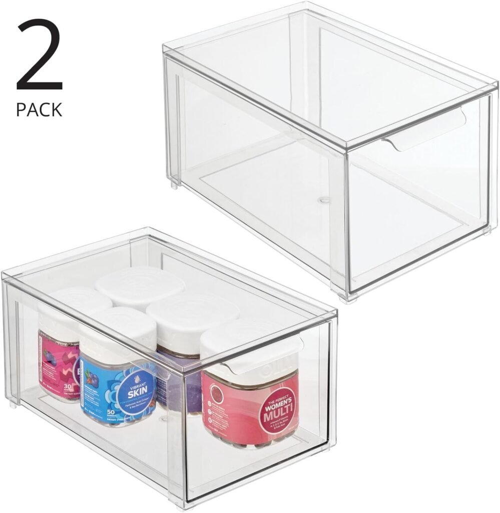 mDesign Plastic Stackable Bathroom Storage Organizer Bin with Pull Out Drawer for Cabinet, Vanity, Shelf, Cupboard, Cabinet, or Closet Organization - Lumiere Collection - 4 Pack - Clear