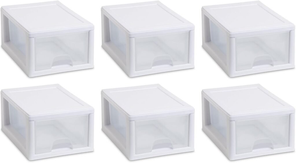 Sterilite 6 Qt Stacking Storage Drawer, Stackable Plastic Bin Drawer to Organize Shoes in Home Closet, White with Clear Drawer, 6-Pack