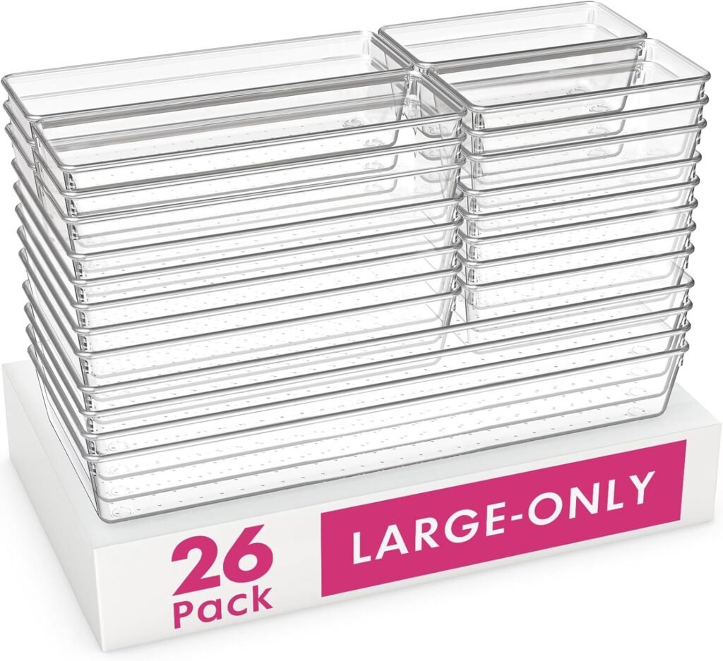 26 Pack Large Clear Plastic Drawer Organizer Trays, Acrylic Kitchen Drawer Organization and Storage Dividers, Non-Slip Storage Bins for Makeup, Kitchen Utensils, Bathroom, Jewelries and Office Desk
