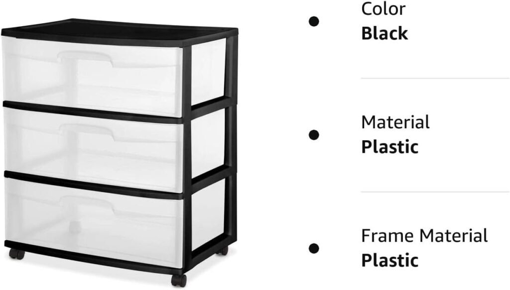 3 Drawer Wide Cart Black Storage Plastic