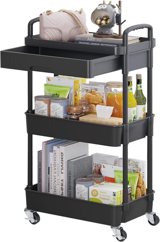 3-Tier Rolling Utility Cart with Drawer,Multifunctional Storage Organizer with Plastic Shelf  Metal Wheels,Storage Cart for Kitchen,Bathroom,Living Room,Office,Black