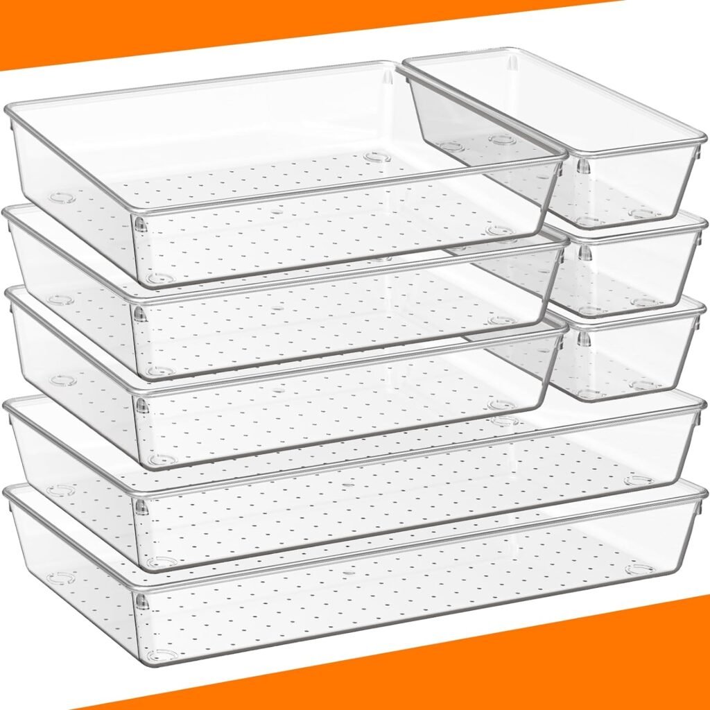 Criusia 8 Pack Large Clear Plastic Drawer Organizer Trays - 3 Sizes BPA-Free Acrylic Bathroom Drawer Organization Storage Bins, Non-Slip Drawer Dividers for Kitchen Utensils, Makeup, Office, Jewelry