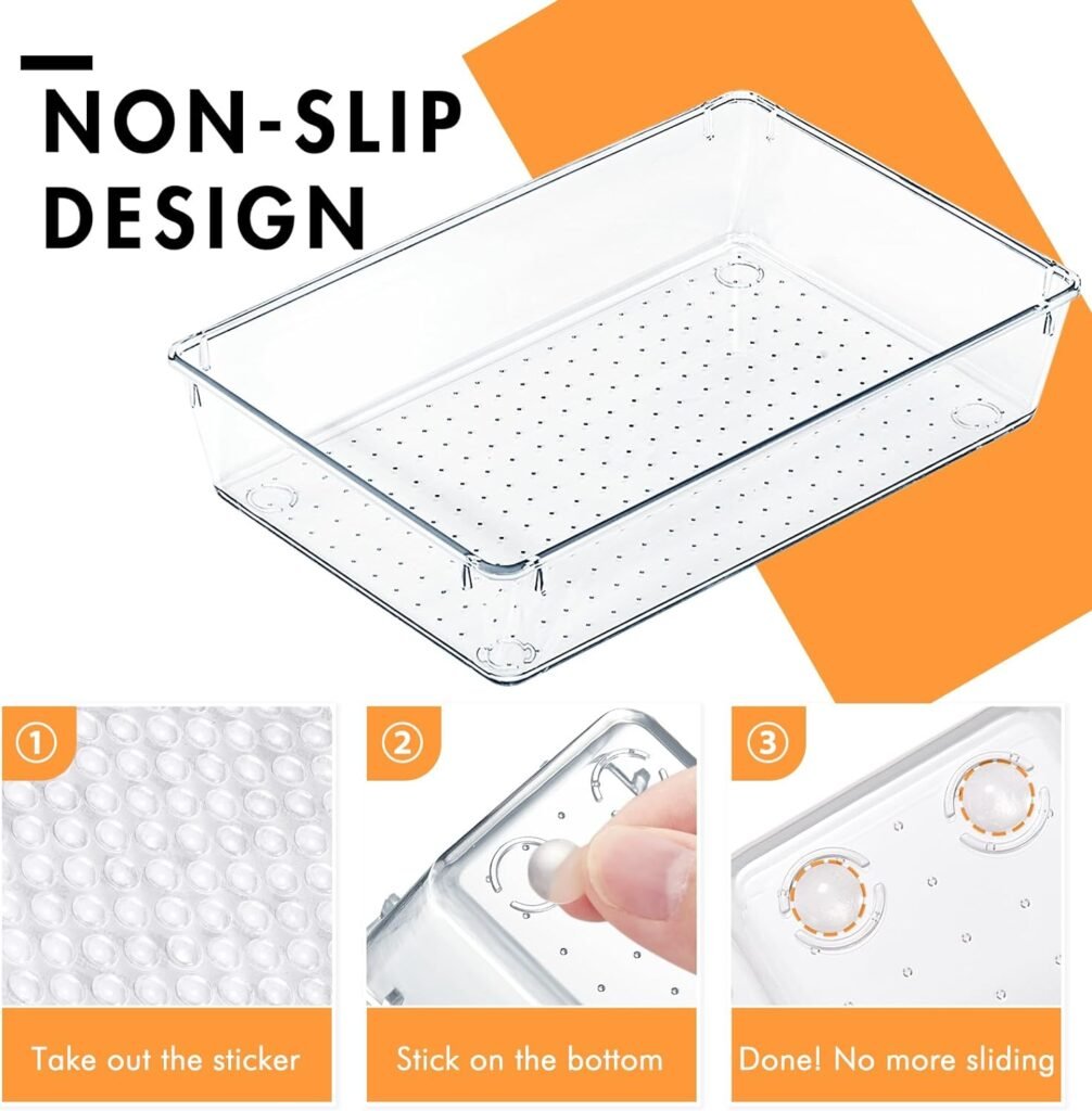 HOUSE DAY Desk Drawer Organizer Bins 6 PCS, 9*6*2 Clear Drawer Organizers with Silicone Pads, Vanity Organizers and Storage, Non Slip Plastic Drawer Organizer for Makeup, Bathroom, Kitchen, Office