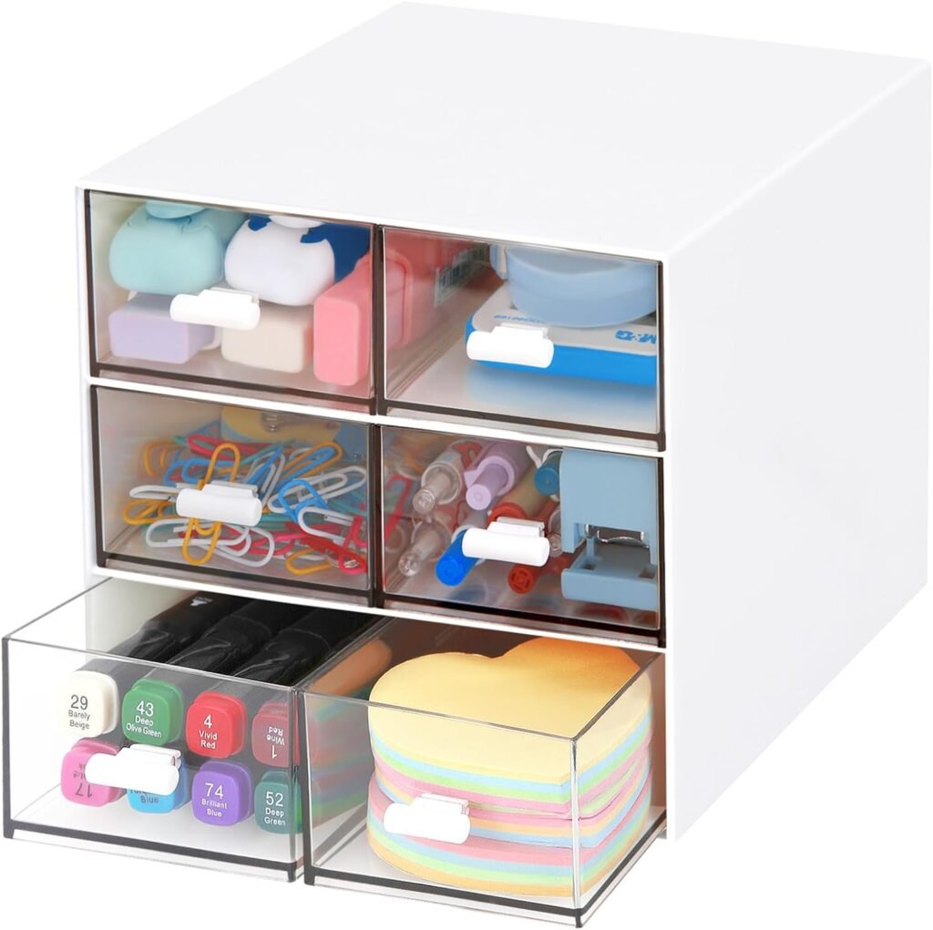 LETURE Desk Organizer with 5 Drawers, Rectangular Office Stationery Supplies Desktop Drawers, Plastic Makeup Storage, Suitable for Office, School, Home (White  6 Drawers)