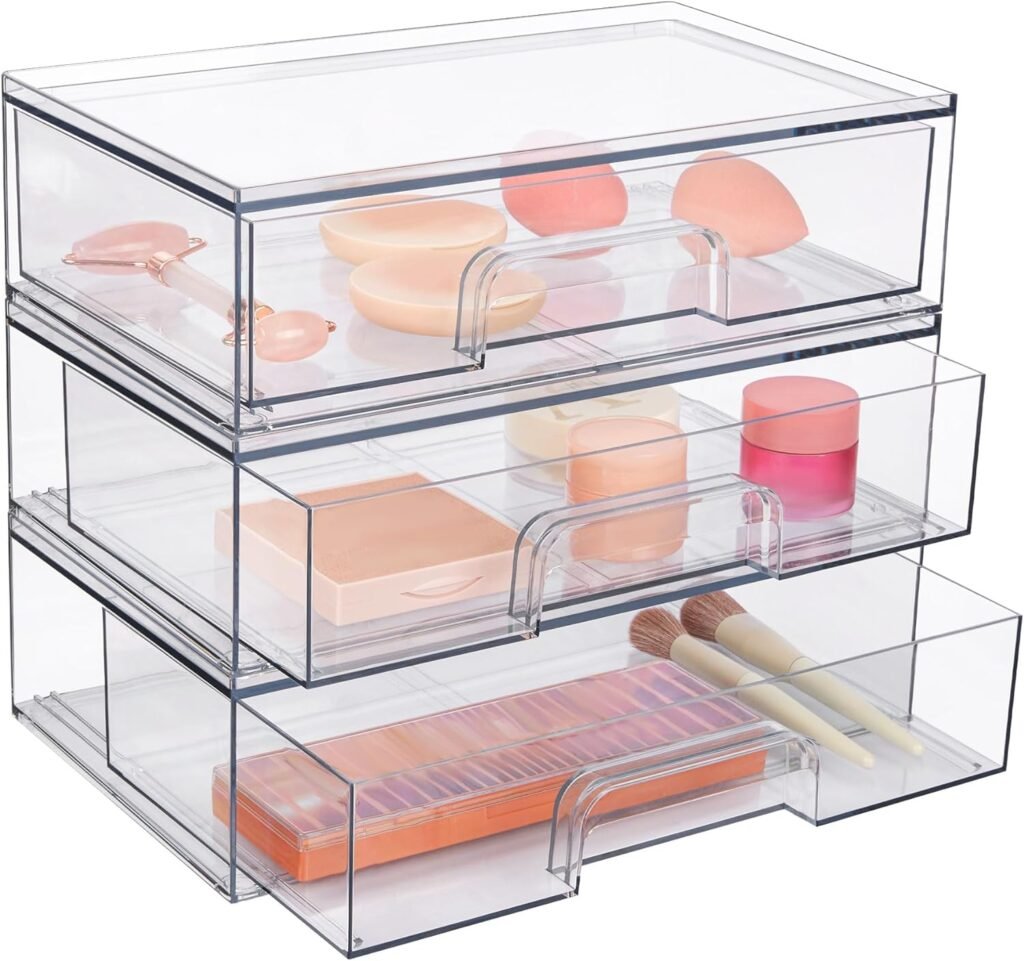 Vtopmart 12W Clear Stackable Storage Drawers,3 Pack Acrylic Plastic Organizers Bins for Makeup Palettes, Cosmetics, and Beauty Supplies,Ideal for Vanity, Bathroom,Cabinet,Desk Organization