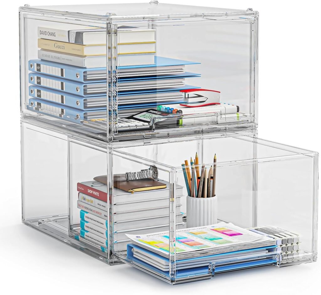 2 Packs Plastic Stackable Storage Drawers, Clear Desktop Drawer Organizers, 2 Drawer Storage Organizer, Make up Organizer with Drawers, Arcylic Drawers Organizer for Office Supplies, School, Home