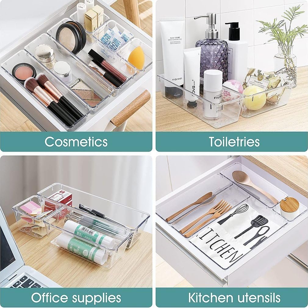 [25 PCS] Clear Plastic Drawer Organizer Set, Desk Drawer Divider Organizers and Storage Bins for Makeup, Jewelry, Gadgets for Kitchen, Bedroom, Bathroom, Office (Clear, 25 PCS)