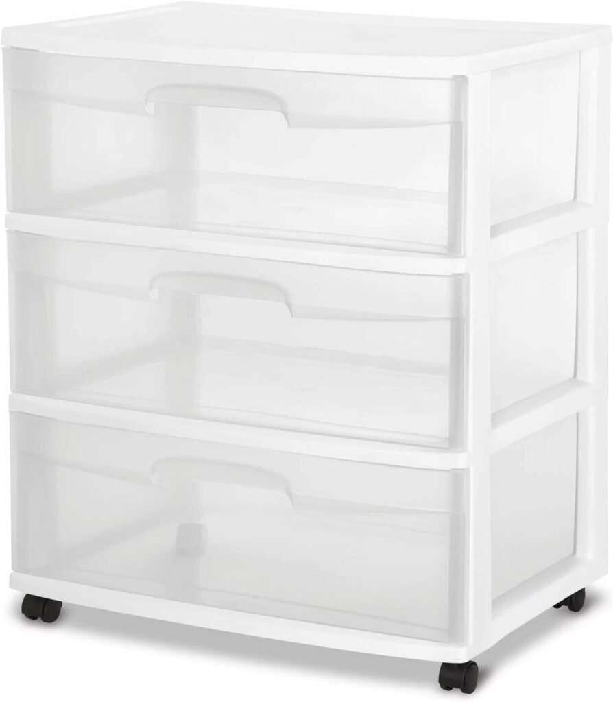 Plastic Storage Drawer Cart, Medium Home Organization Storage Container with 3 Large Clear Drawers With Wheels (WHITE)