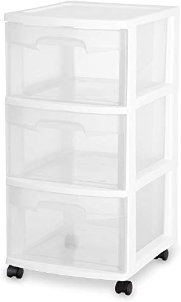 Sterilite 28308001K 3-Drawer Rolling Caster Wheel Home Organizer Storage Cart with Durable Plastic Frame, Clear Drawers, White