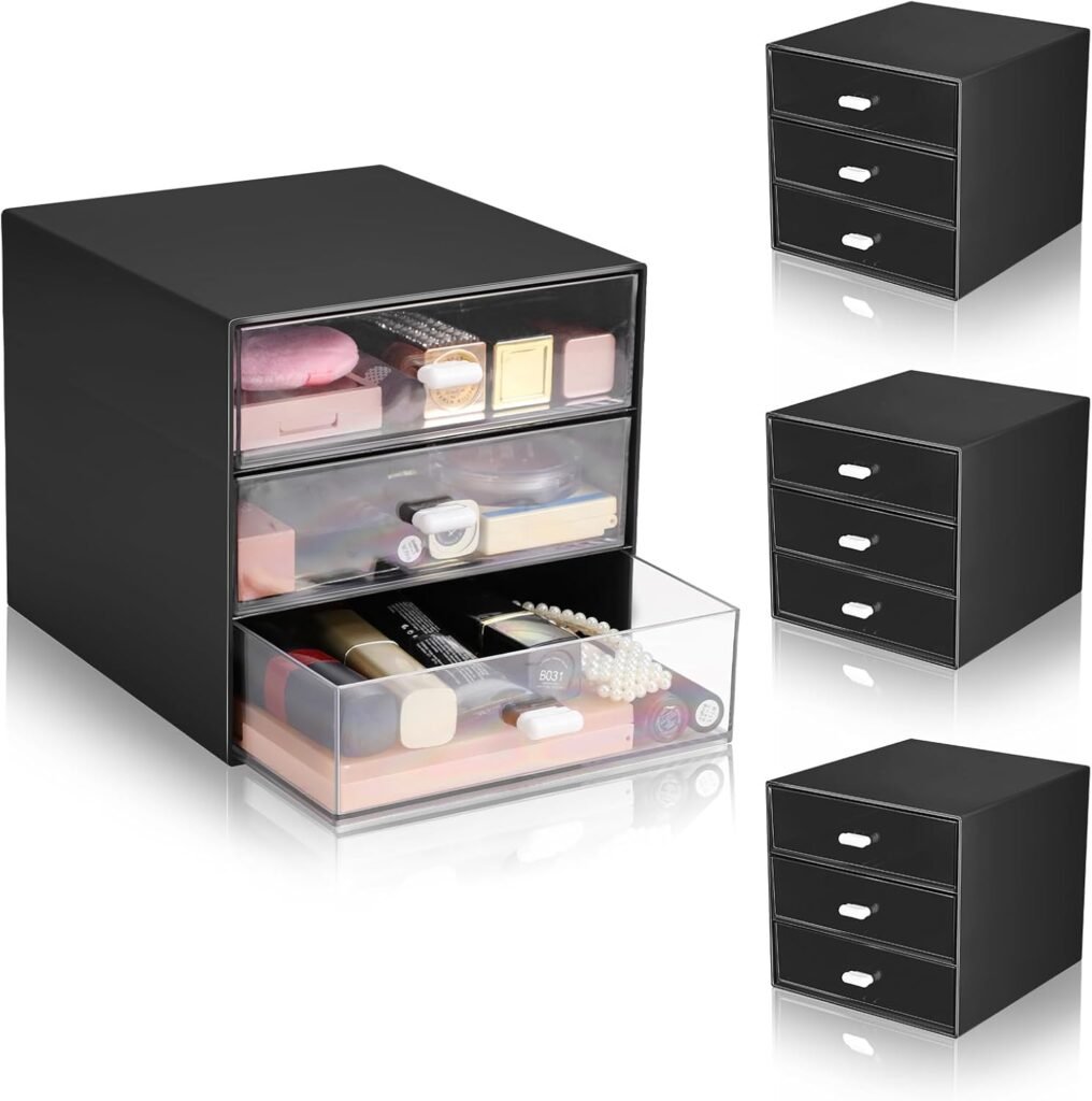 4 Pack Desk Organizer with 3 Drawers, Plastic Desk Storage Box, Desktop Makeup Storage Organizer, Stackable Desktop Organization with Pull-Out Drawers for Office Supplies Jewelry Parts (Black)