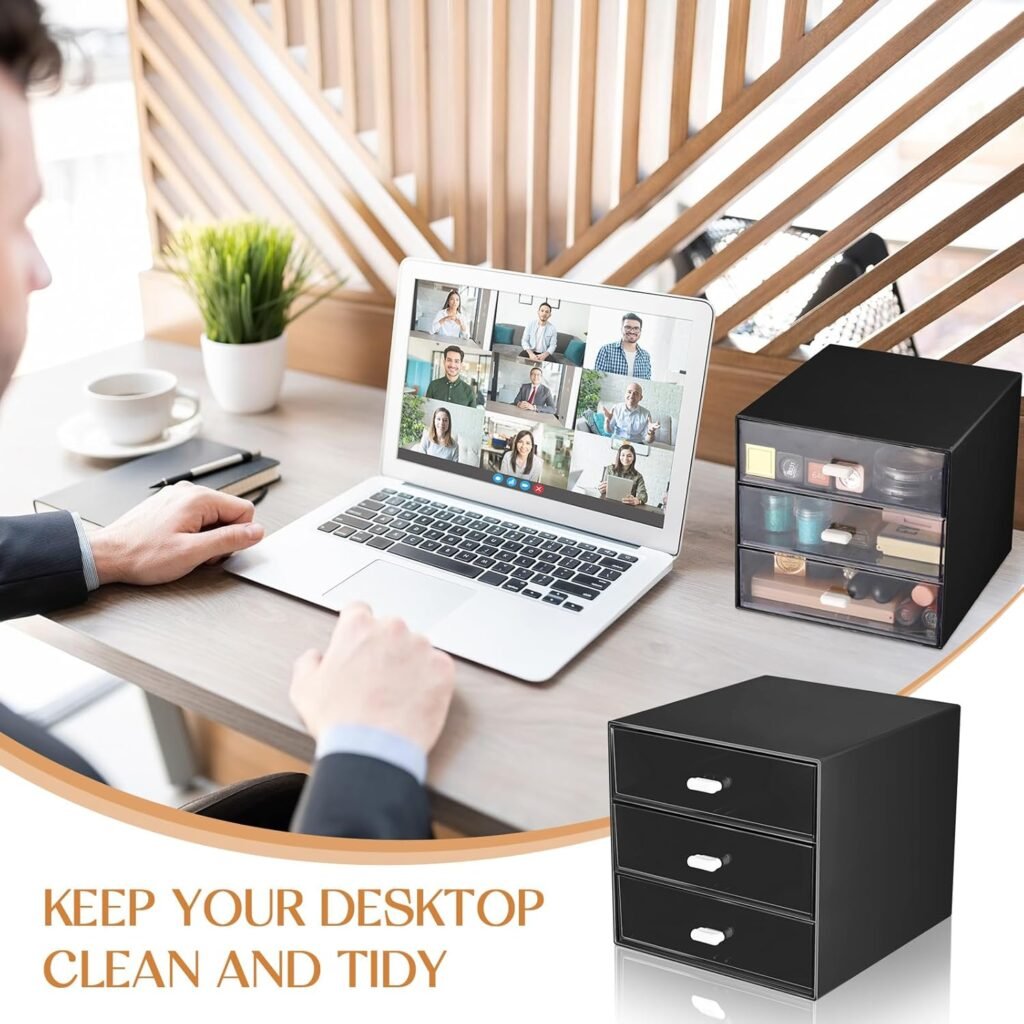 4 Pack Desk Organizer with 3 Drawers, Plastic Desk Storage Box, Desktop Makeup Storage Organizer, Stackable Desktop Organization with Pull-Out Drawers for Office Supplies Jewelry Parts (Black)