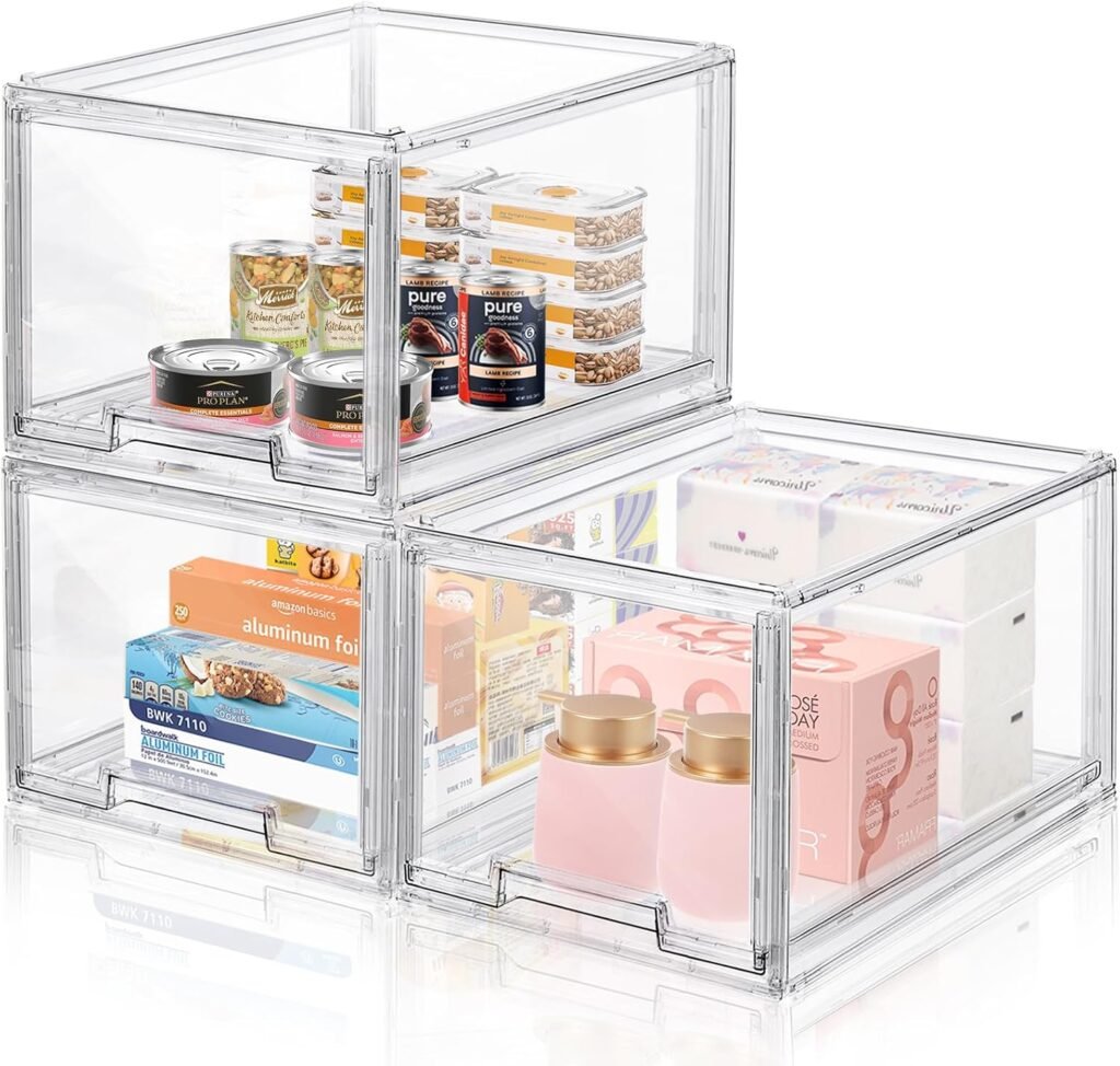 DILIBRA 2 Packs Plastic Stackable Storage Organizer Bins with Pull Out Drawer, Large Clear Acrylic Storage Drawers Container Boxes for Fridge Pantry Shelf Refrigerator Organization and Storage