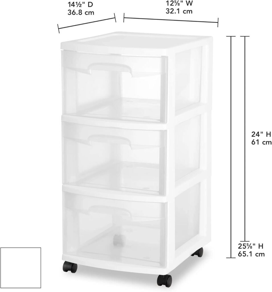 Plastic Storage Drawer Cart, Medium Home Organization Storage Container with 3 Large Drawers w/Removeable Wheels, White Frame with Clear Drawers and White Casters, Set of 1 (White)