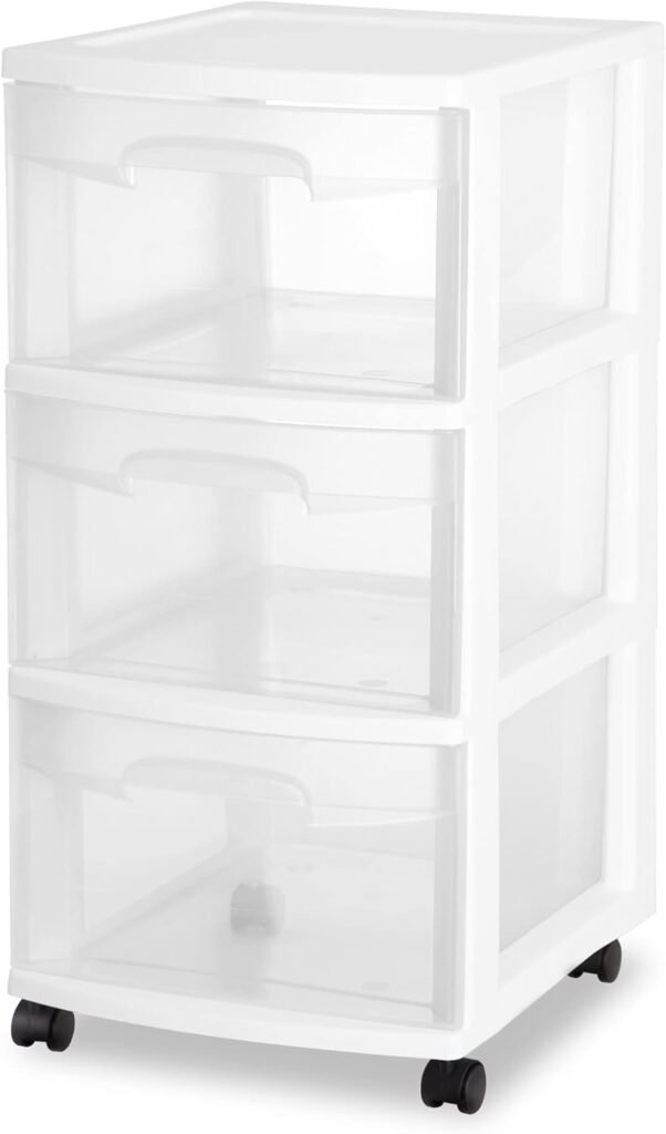 Plastic Storage Drawer Cart, Medium Home Organization Storage Container with 3 Large Drawers w/Removeable Wheels, White Frame with Clear Drawers and White Casters, Set of 1 (White)