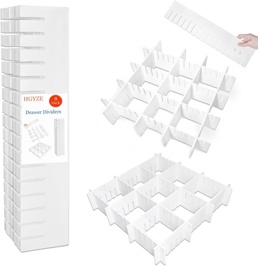 Drawer Dividers Organizer 8PCS, 42*9cm Deep Adjustable  Connectable Dresser Separator for Bedroom Office Kitchen Storage, DIY Organizador de Cajones, Tall Drawer Organizers for Clothing Closet, White