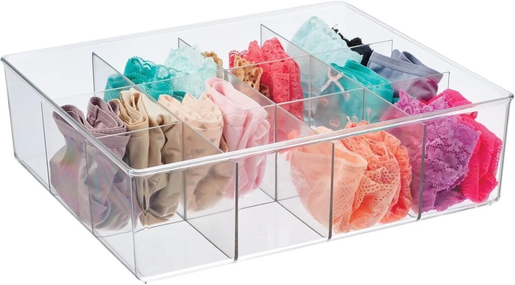 mDesign Plastic 12 Compartment Divided Drawer and Closet Storage Bin - Organizer for Scarves, Socks, Ties Bras, and Underwear - Dress Drawer Organizer, Shelf Organization - Lumiere Collection - Clear