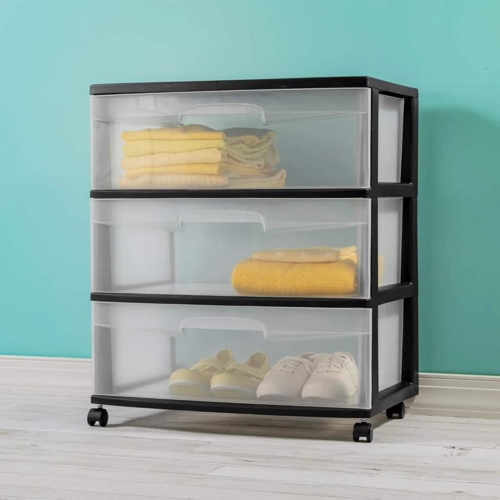 Plastic Storage Drawer Cart, 3 Large Clear Drawers Medium Home Organization Storage Container With Wheels, Black (Black)