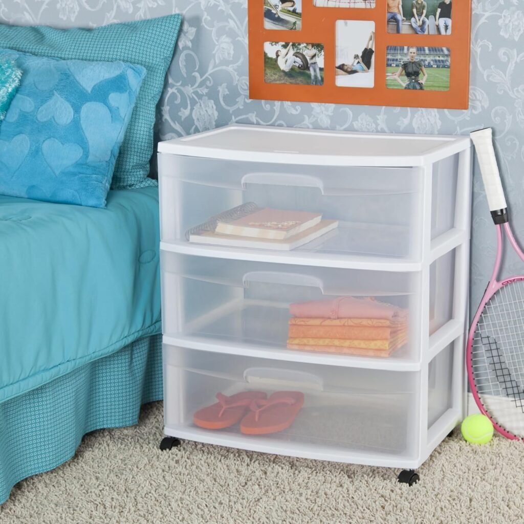 Plastic Storage Drawer Cart, Medium Home Organization Storage Container with 3 Large Clear Drawers With Wheels, White