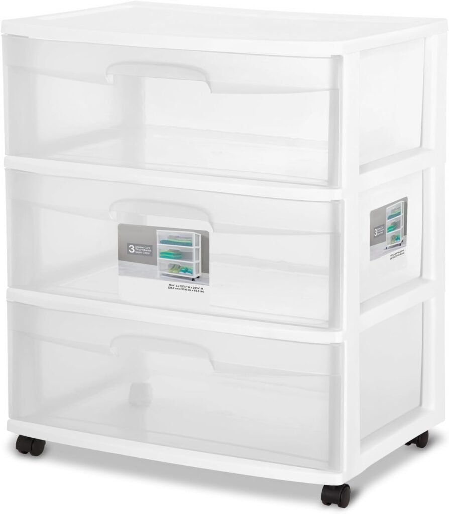 Plastic Storage Drawer Cart, Medium Home Organization Storage Container with 3 Large Clear Drawers With Wheels, White