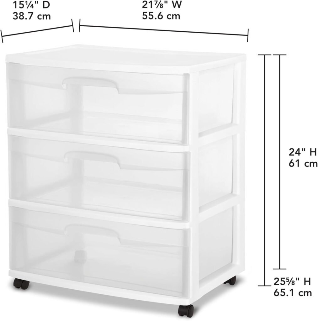 Plastic Storage Drawer Cart, Medium Home Organization Storage Container with 3 Large Clear Drawers With Wheels, White