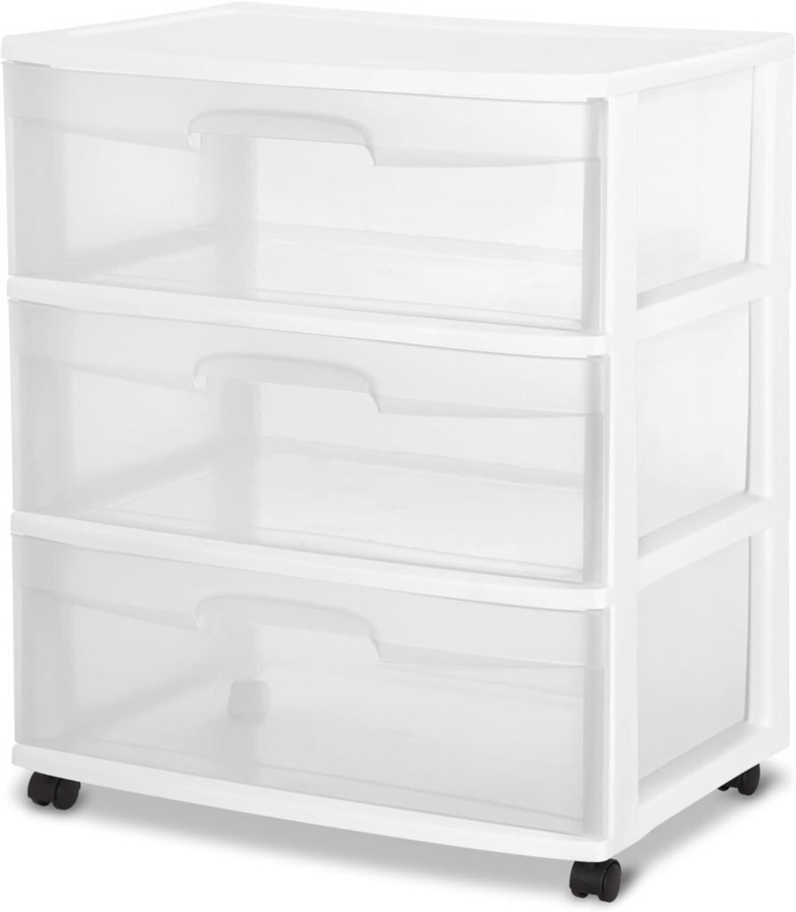 Plastic Storage Drawer Cart, Medium Home Organization Storage Container with 3 Large Clear Drawers With Wheels, White