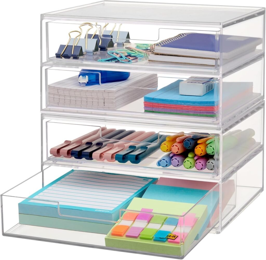 STORi Chloe Space-Saving Clear Drawer Organizer (4 Wide Drawers) Sort Office, Kitchen, Beauty Supplies, Makeup, Pens, Jewelry, Stationary, Made in USA